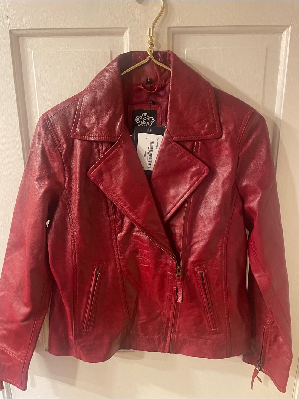 Women’s Red Leather Moto Jacket with Asymmetric Zip